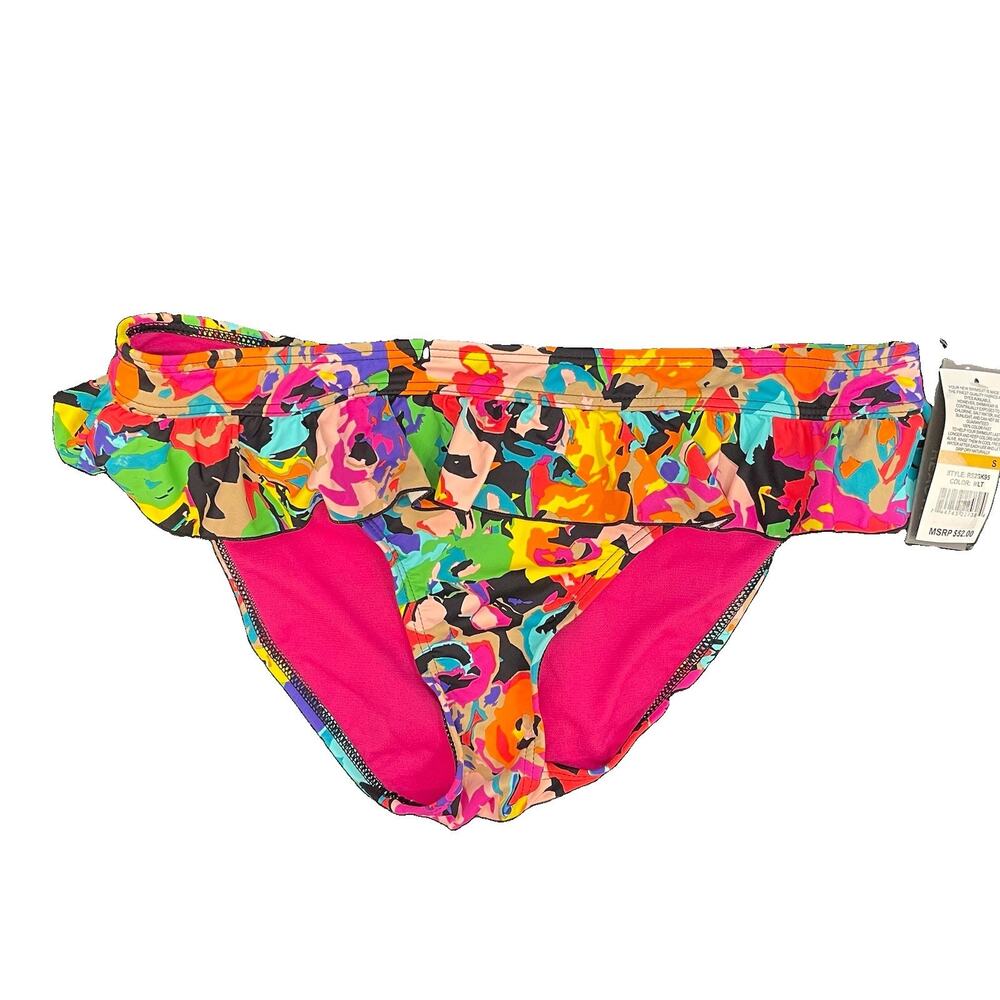 Kenneth Cole Reaction Womens Floral Ruffle Bikini Swim Bottom Lined Stretch S